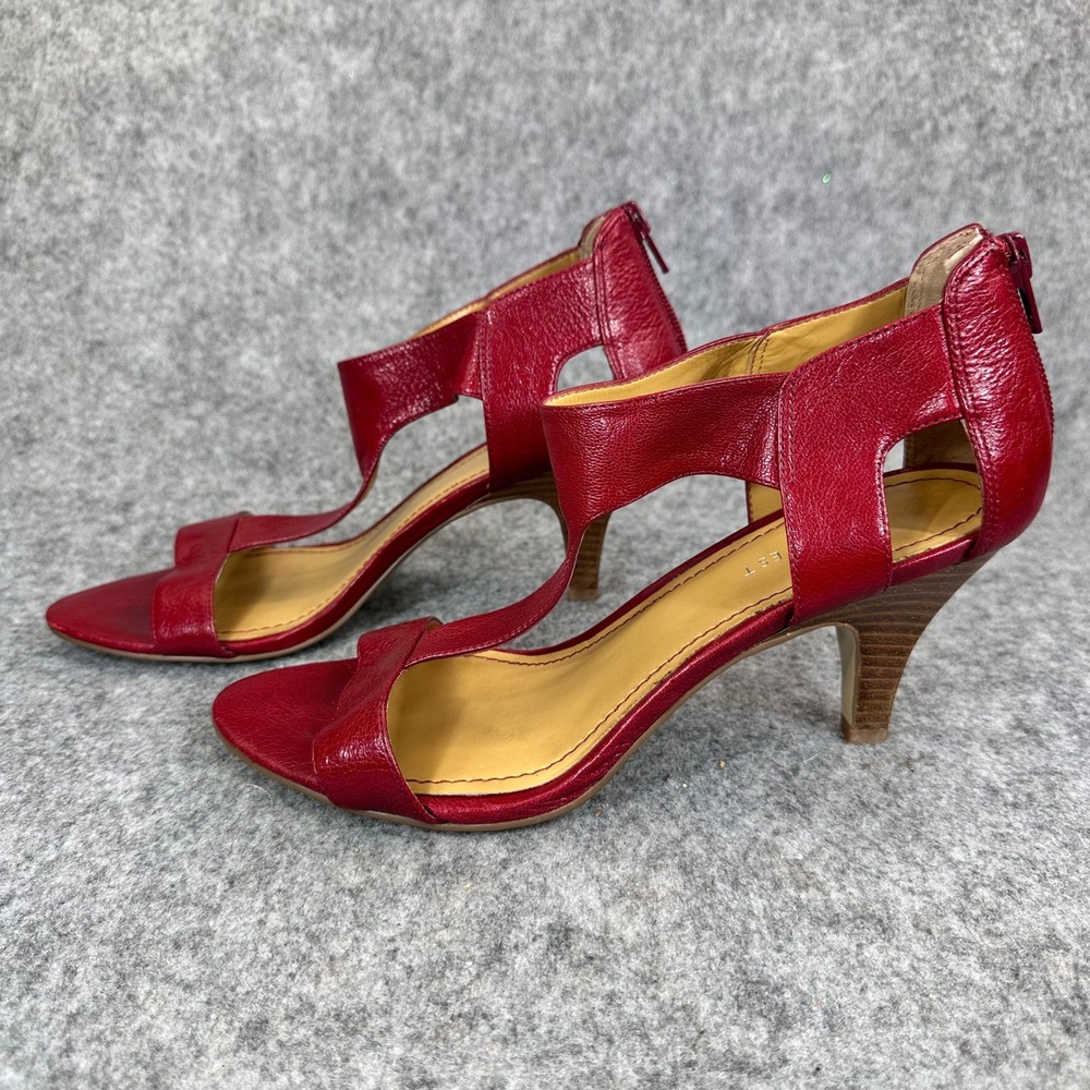 Nine West Womens Red Leather Wedge Sandals Size 8 T Strap Comfort Back Zip - Picture 4 of 14